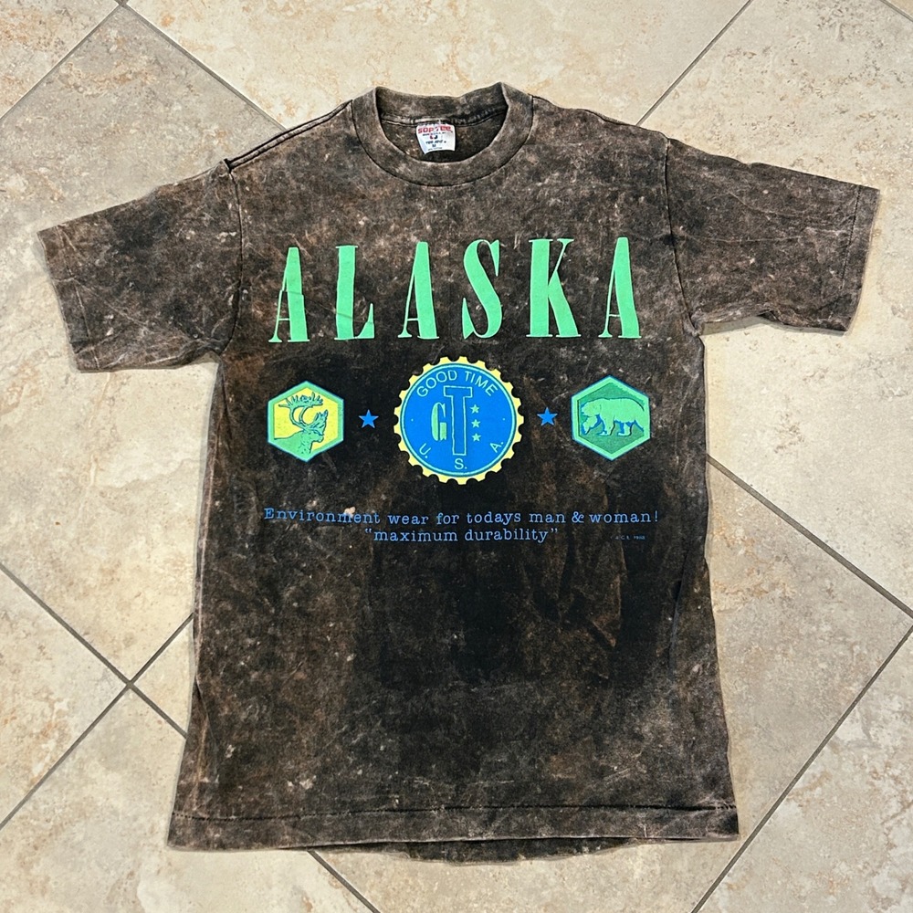Vintage Alaska Good Time Shirt Mens M Black Acid Wash SofTee Single Stitch USA